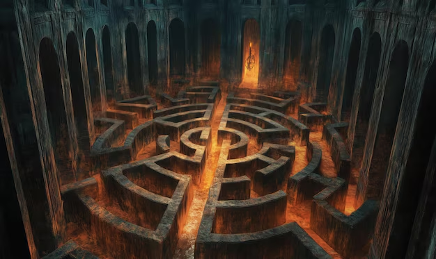 Иллюстрация. https://img.freepik.com/premium-photo/maze-with-fire-pit-center-fire-pit-is-surrounded-by-circle-lava_1086261-6279.jpg