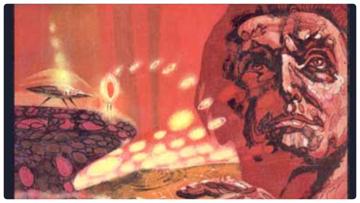 Иллюстрация с обложки издания повести "Попытка к бегству" на англ. яз.: Escape Attempt. – New York: Macmillan; London: Collier Macmillan, 1982. Художник - Ричард Пауэрс.