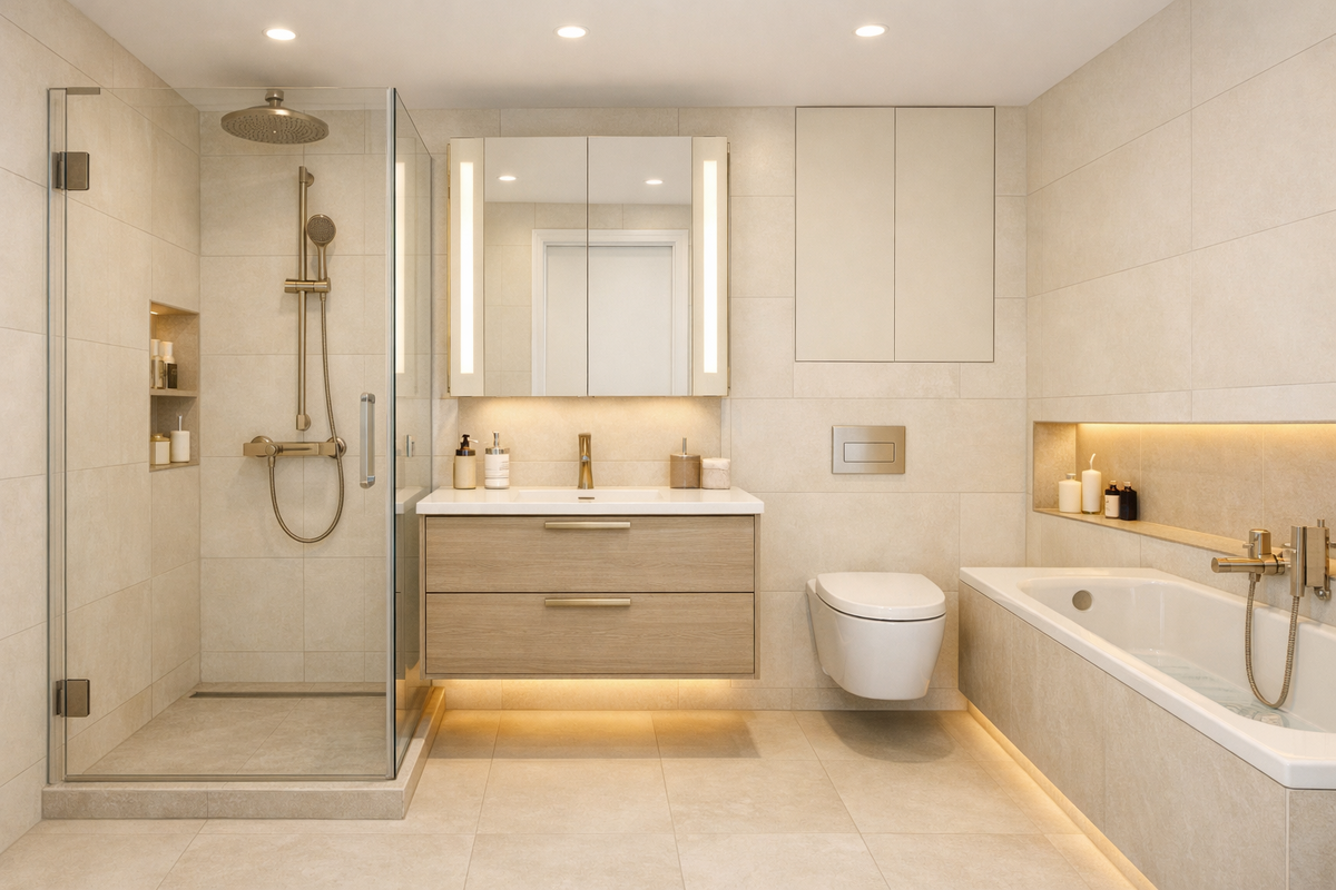 Мастер‑санузел 4,8 м² в СПб: душ 110×90, ванна 160 см и «спа‑свет»