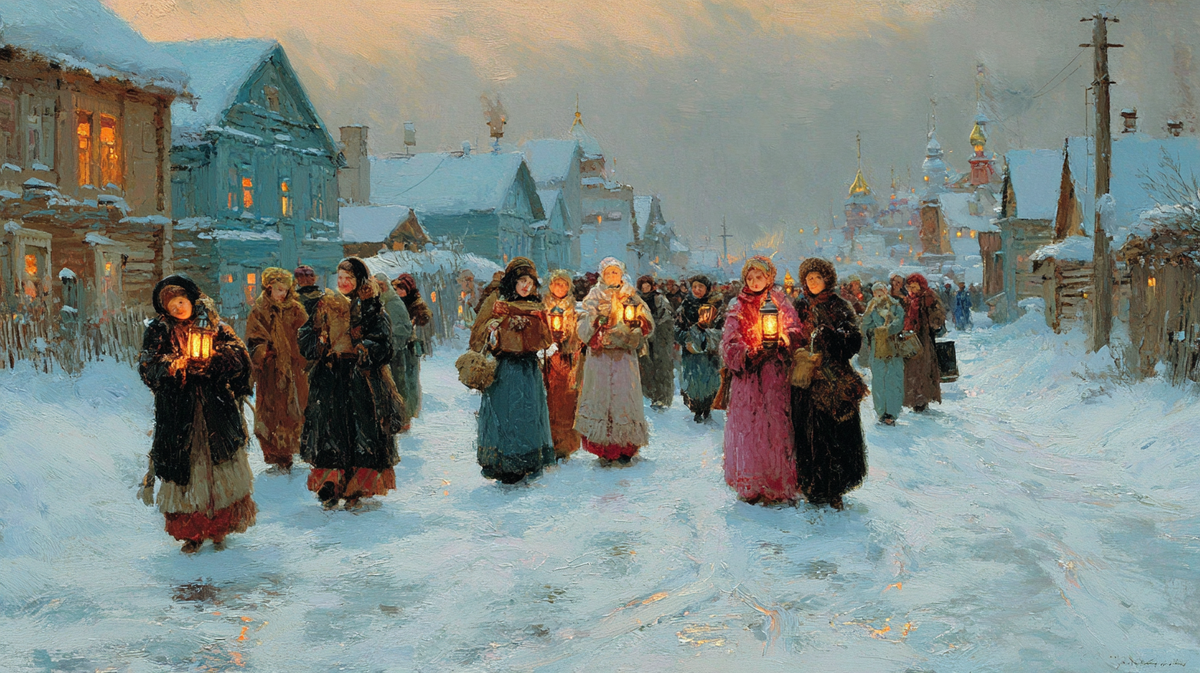 Колядовщики уносят за собой зимний вечер — загадка на пороге каждого дома. А вы бы впустили в свою избу такую песенную дружину?