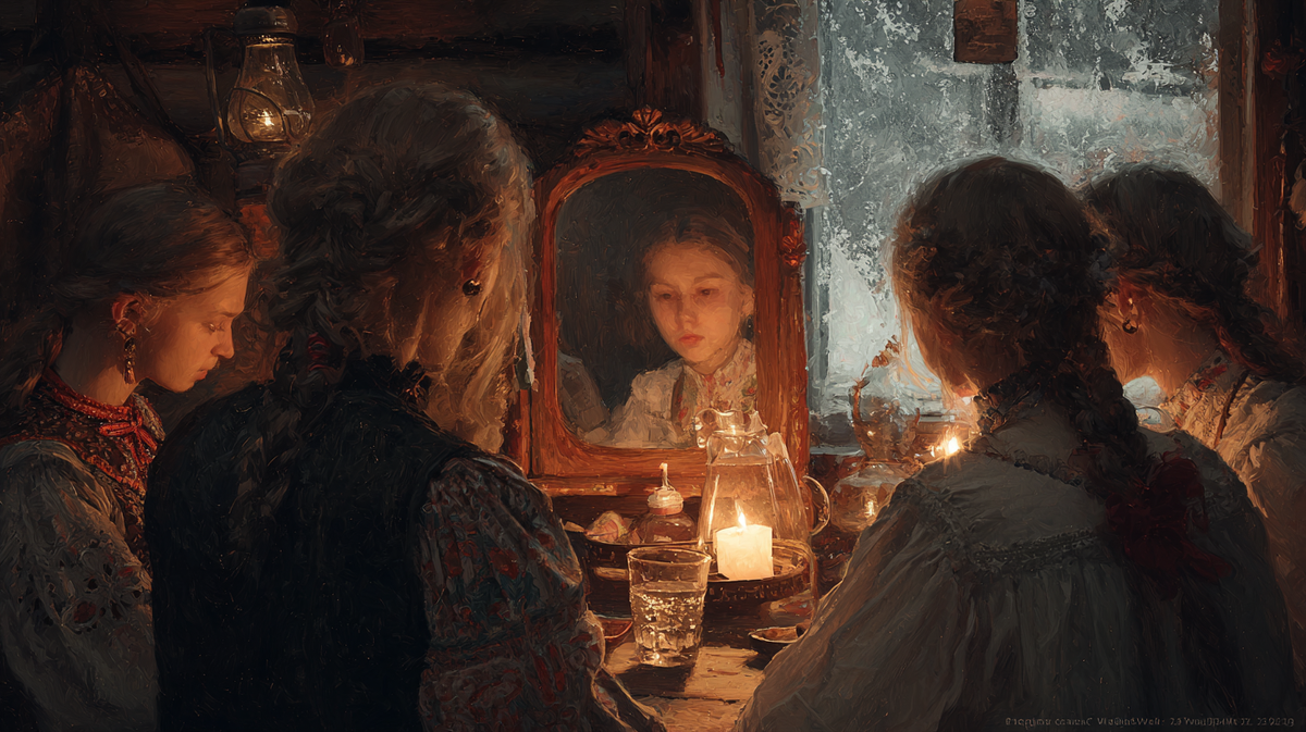 В горнице затаился трепет: свеча дрожит, зеркало хранит ответ. Кого сегодня покажет святочная ночь? Верите — не верите, а гадание уже началось…