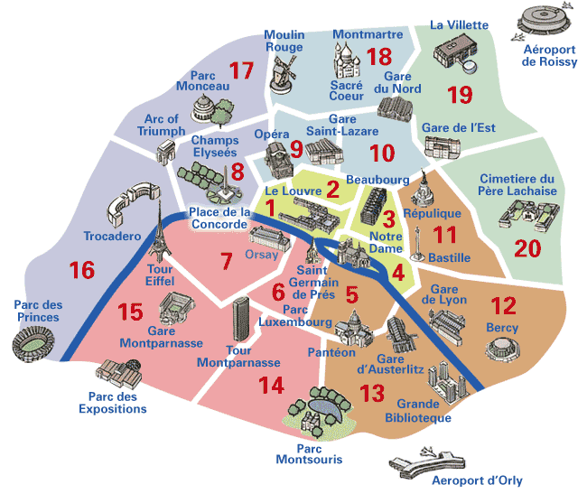 карта Парижа поделённая на районы