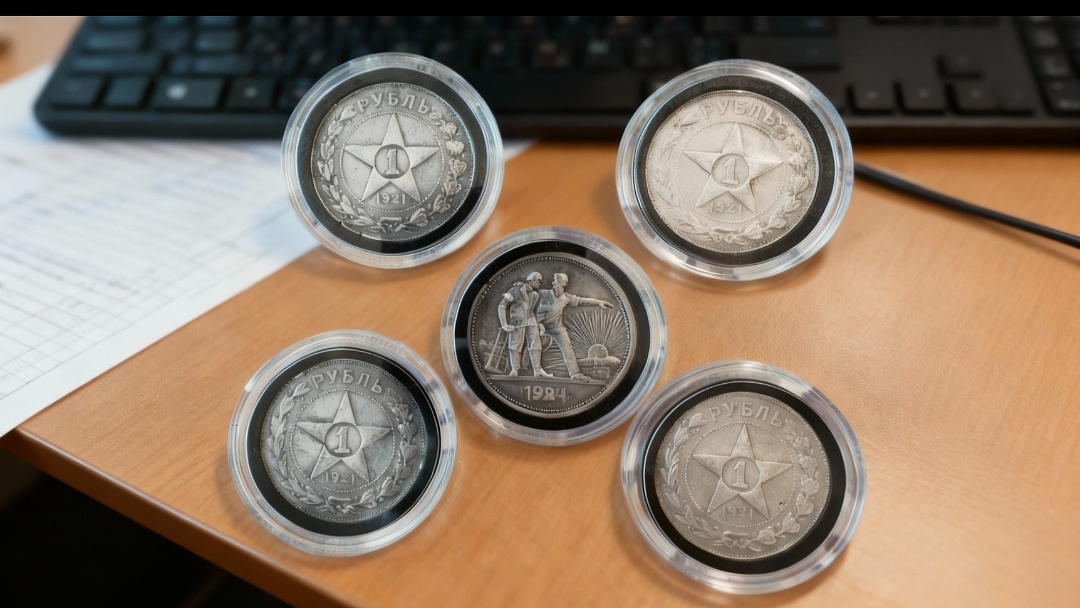 Серебрянные рубли на столе.