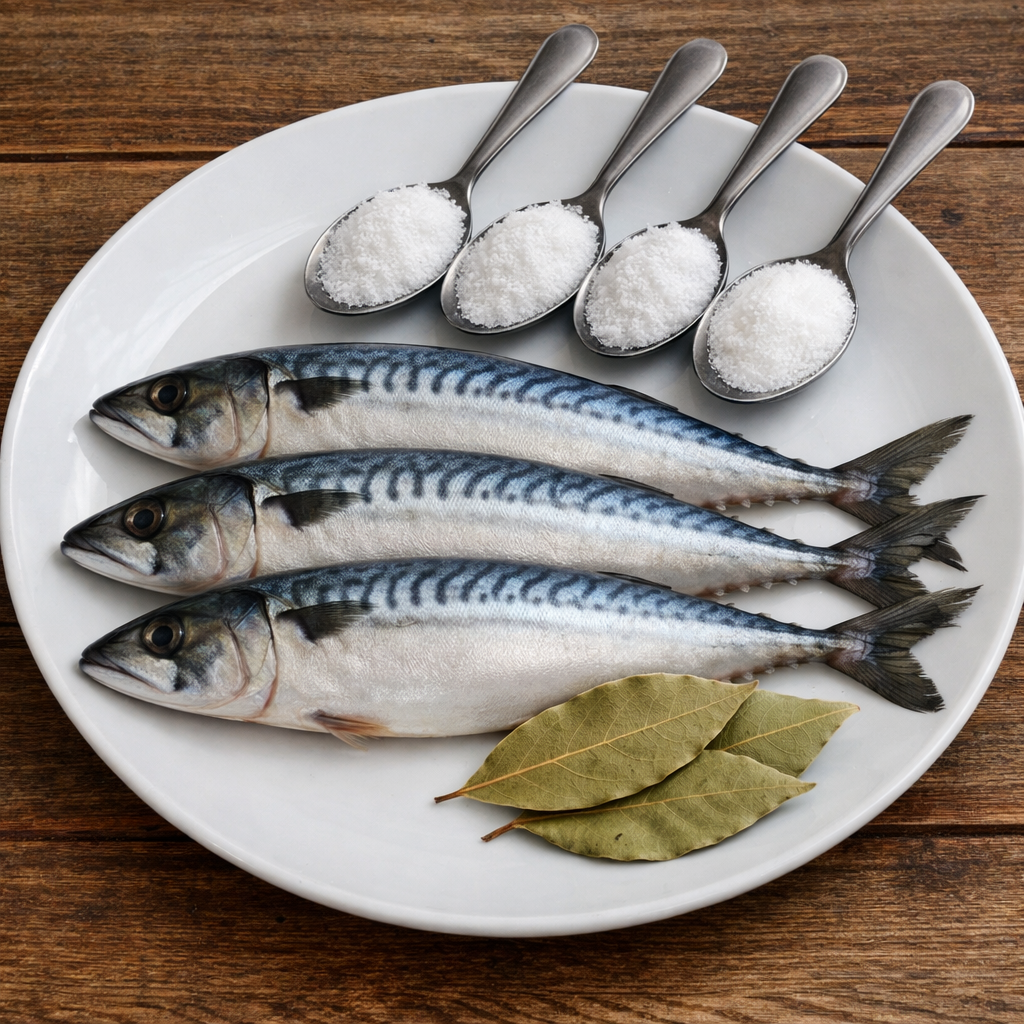 Скумбрия 3шт.   Соль 3ст.л. Сахар 1ст.л Лавровый Лист  3шт. 