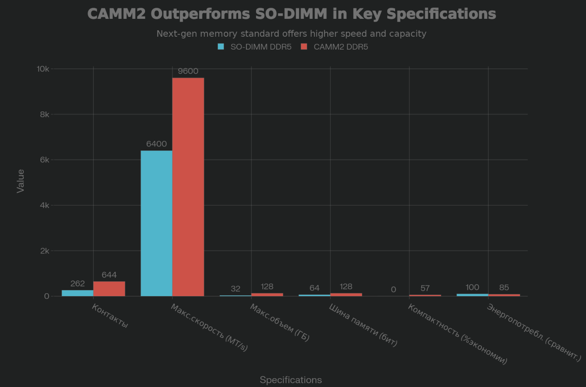 Сравнение ключевых параметров SO-DIMM и CAMM2. CAMM2 демонстрирует превосходство по всем параметрам, особенно по контактам (2.5x), скорости (1.5x) и компактности.