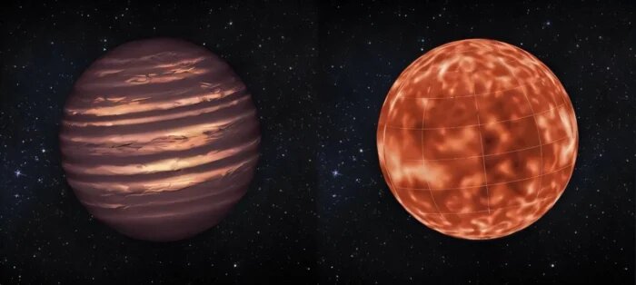 Типичное художественное изображение планеты, похожей на Юпитер (слева), в сравнении с изображением, основанным на новом исследовании (справа). Источник: NASA/JPL-Caltech
