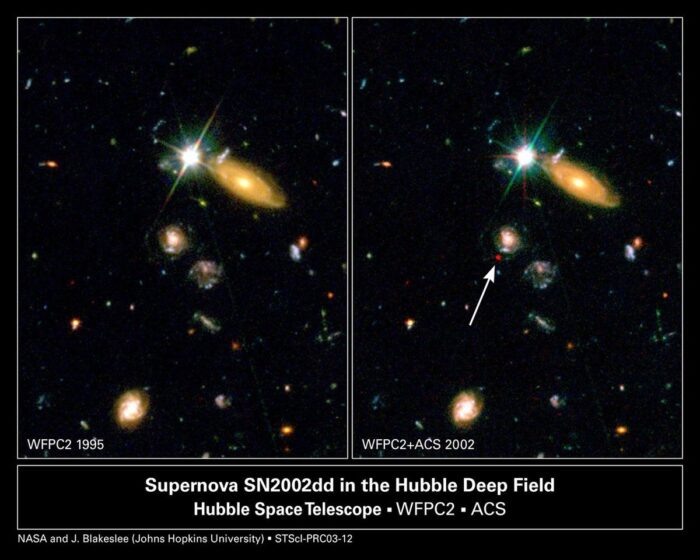 Сверхновая типа Ia в глубоком поле Северного полюса телескопа Хаббл. Источник: NASA and J. Blakeslee (JHU)