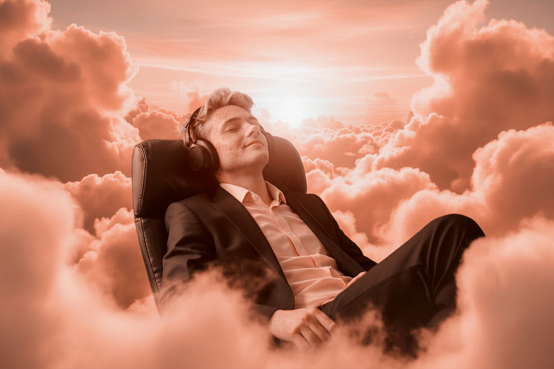 парень слушает музыку, витает в облаках, наслаждается музыкой