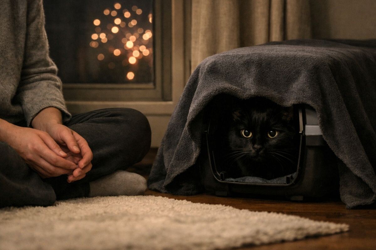 Кот боится салютов 