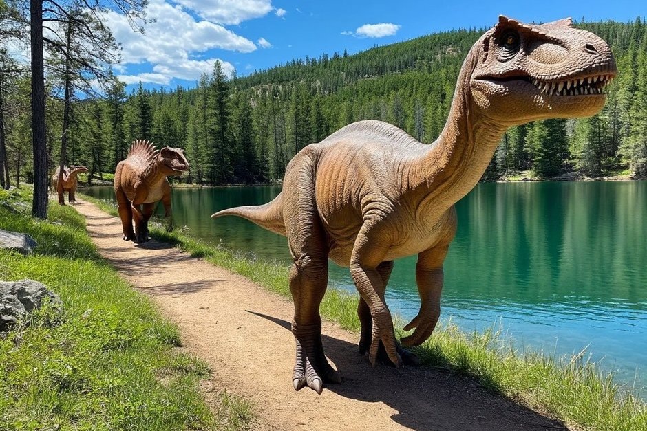    Сотни миллионов лет назад здесь было озеро, по берегу которого в организованном порядке, чуть ли не строем, туда-сюда мигрировали тысячи хищных динозавров. Людмила Губаева/сгенерировано при помощи нейросети «Шедеврум»