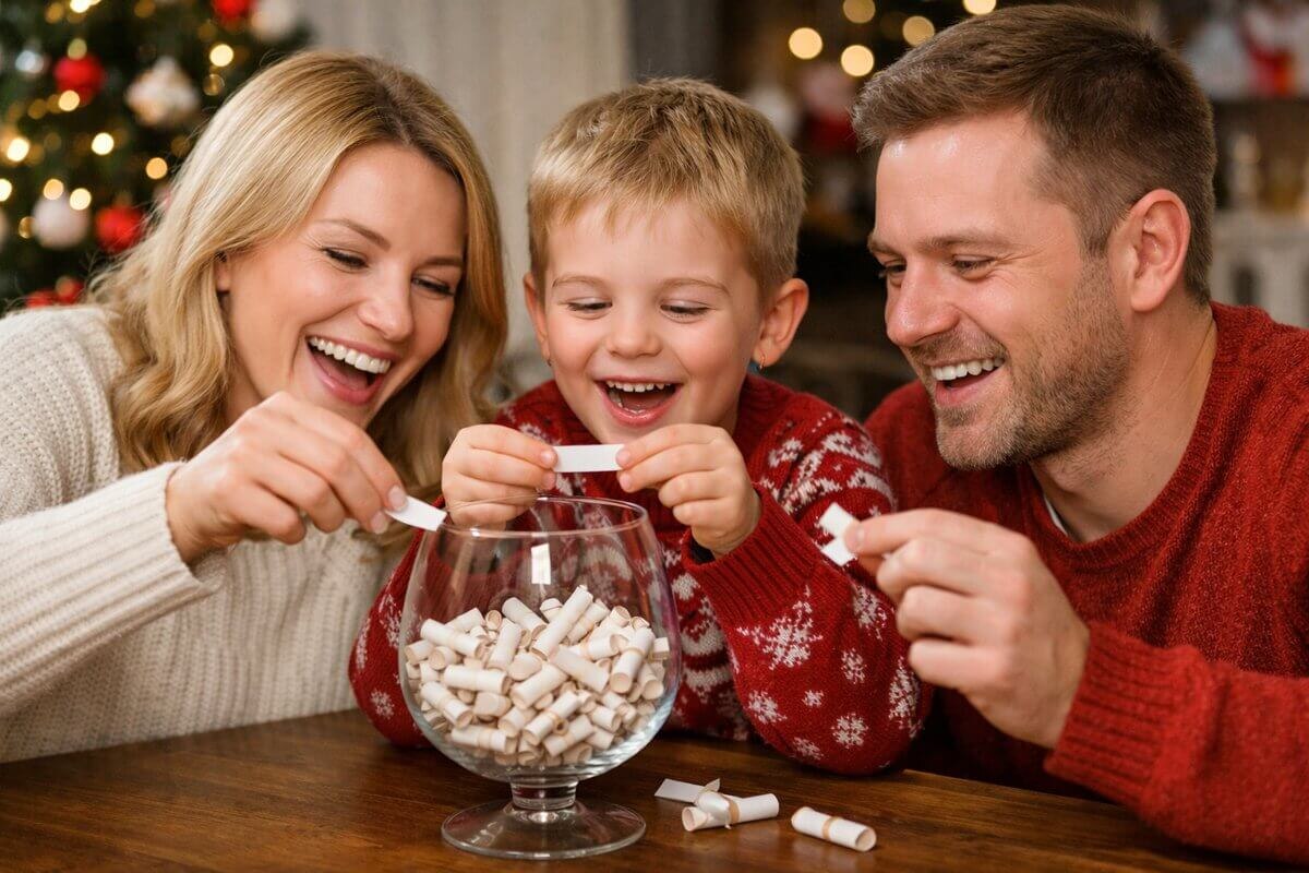 Семья играет в новогодние предсказания