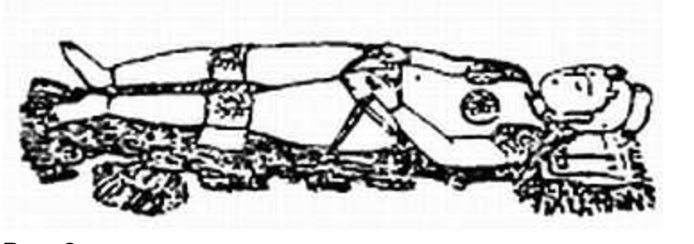 В положении лежа лучше выполнять упражнение на спине, слегка выгнув колени в разные стороны (под них можно что-нибудь подложить), соединив пятки, положив кисти рук на нижние границы живота слева и справа (под локти можно положить подушечки).
