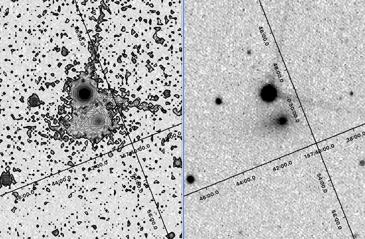 Изображение 3I/ATLAS от 21 декабря 2025 года в 16:27 по всемирному координированному времени (с контурным графиком слева). Струя справа (на западе) — это антихвост, направленный к Солнцу. Поле зрения составляет 6 на 12 угловых минут, а продолжительность экспозиции — 15 секунд на 0,15-метровом орбитальном телескопе NEOSSat. Координатная сетка — эклиптическая 2000. (Изображение: Д. Д. Балам (DAO/NRC), К. Э. Спратт (в отставке), Д. У. Э. Грин (CBAT), П. Лэнгилл (RAO/Университет Калгари), Омар Элми (CSA), Джек Уильямс (CSA) и Канадское космическое агентство)