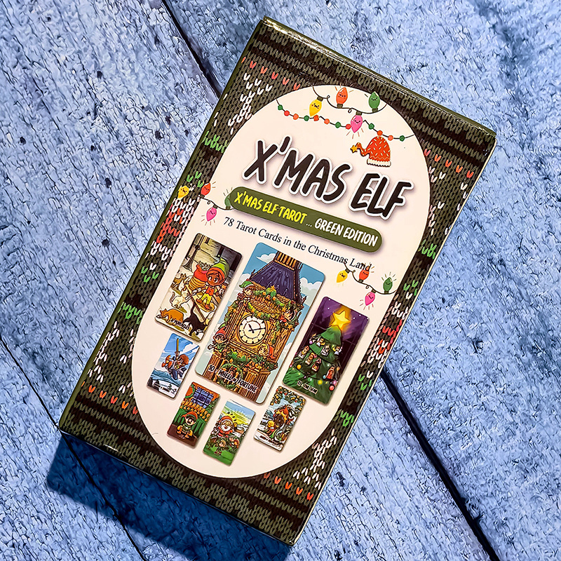 X’Mas Elf Tarot, зелёная версия: дизайн обратной стороны коробки (фото моё)