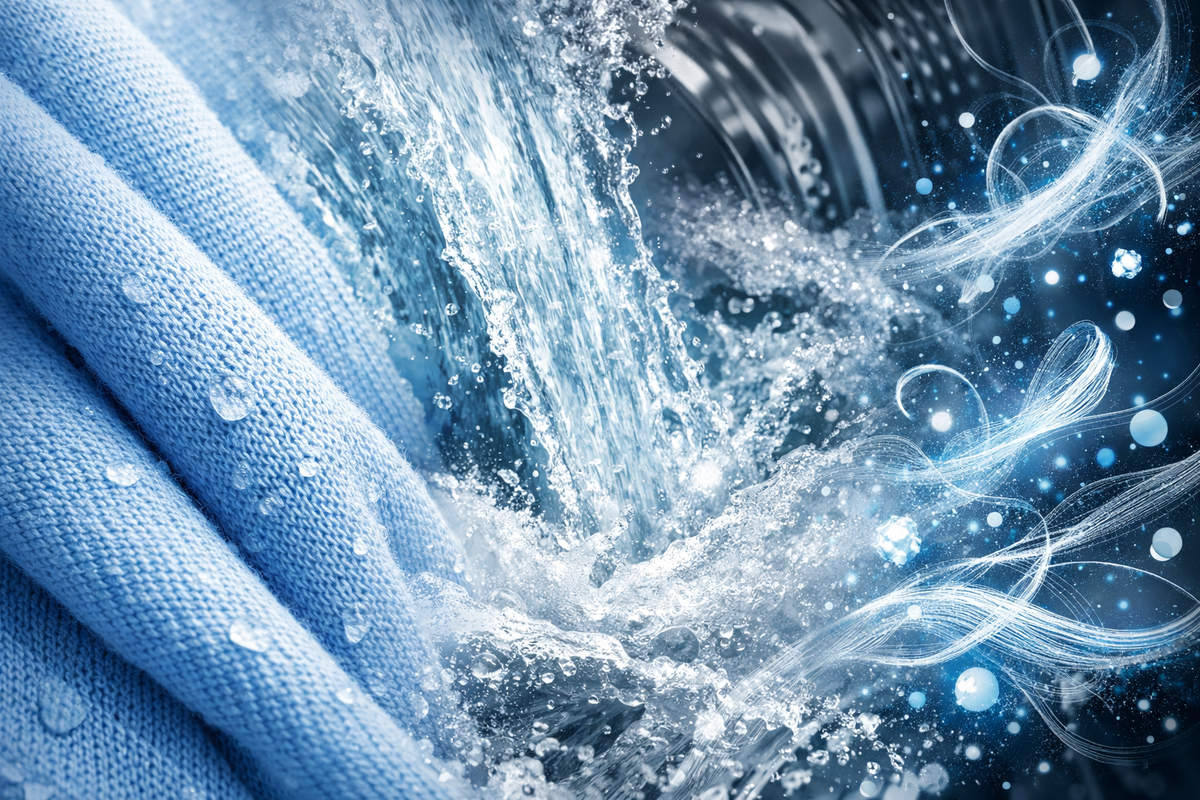 Коллаж из крупным планом ткани, струи воды из стиральной машины и графической визуализации летающих в воздухе волокон