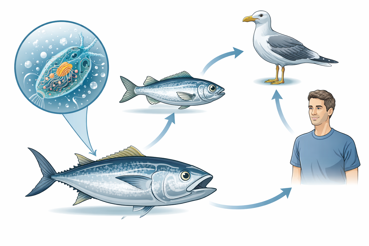 Схематичная иллюстрация пищевой цепочки: от планктона с микроволокнами внутри, через мелкую рыбу, к крупной рыбе и птице/человеку