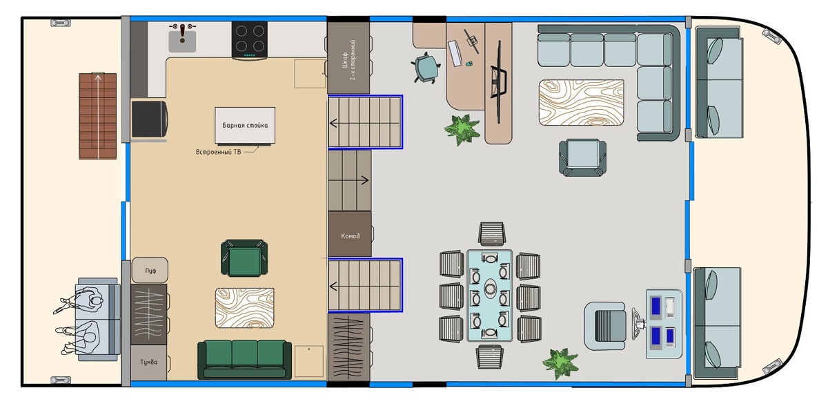 Планировка морского хаусбота Sea Voyager 13 кухня и салон. Теплый контур 74 кв.м. 