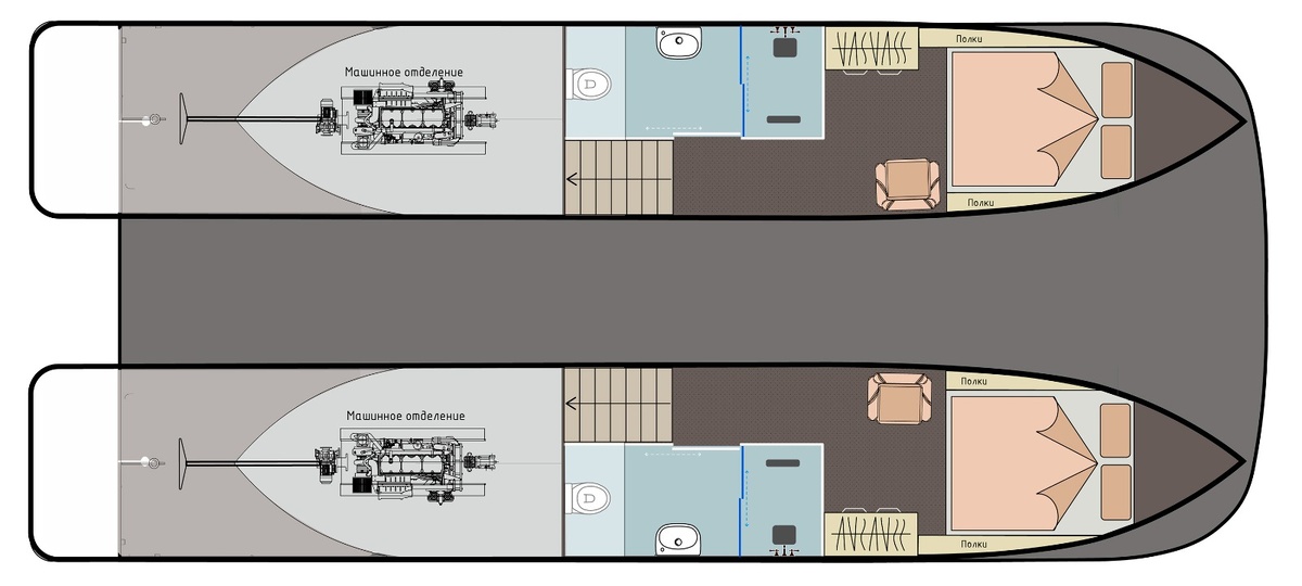 Планировка корпусов. Две раздельные каюты с двумя санузлами. 