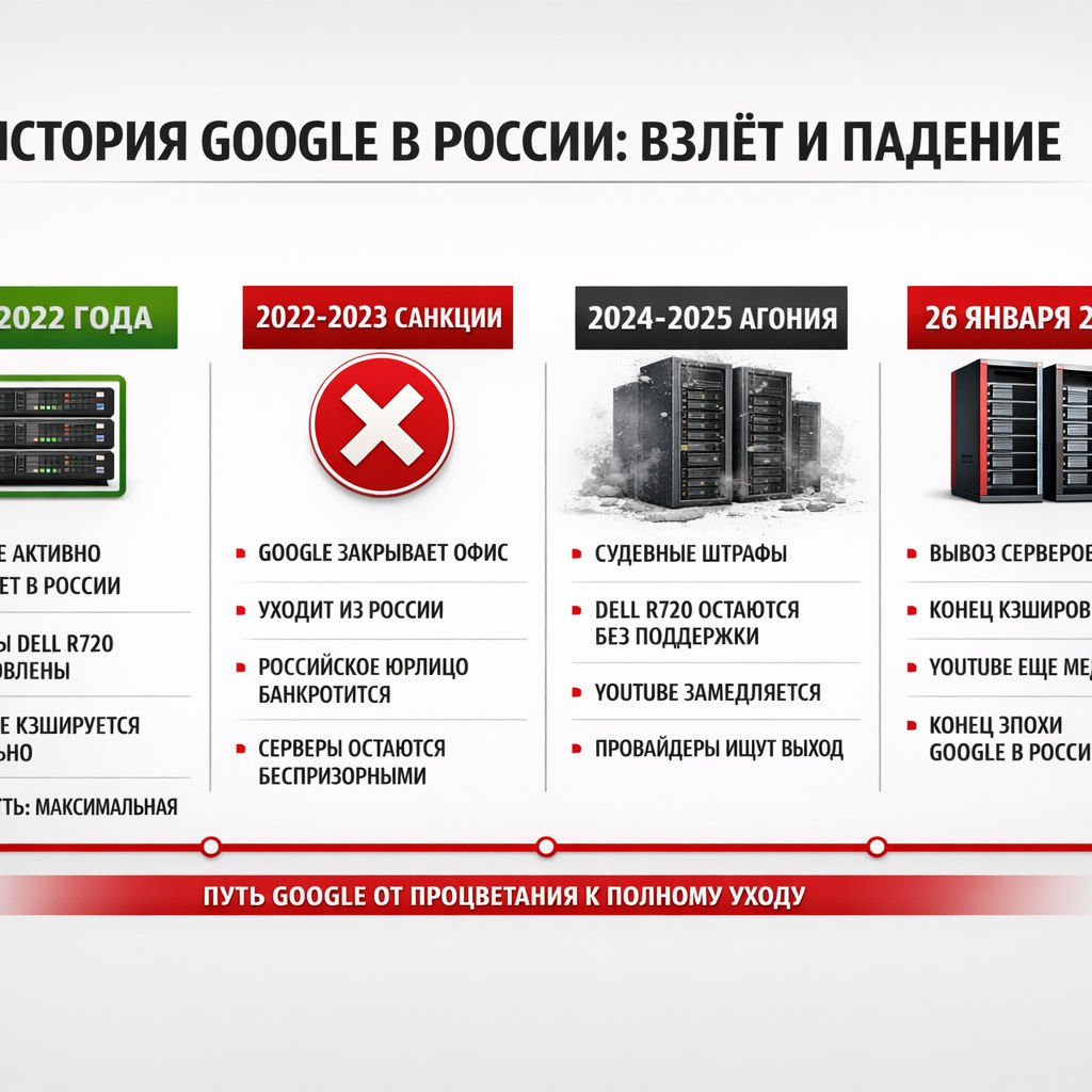 Временная шкала-инфографика показывающая историю Google в России.