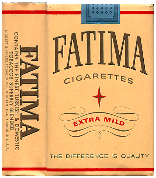 "Fatima" Extra Mild. США, начало 1960-х годов. 20 штук с фильтром в мягкой упаковке. Производитель: Liggett & Myers Tobacco Co. Владелец торговой марки: Liggett & Myers Tobacco Co.