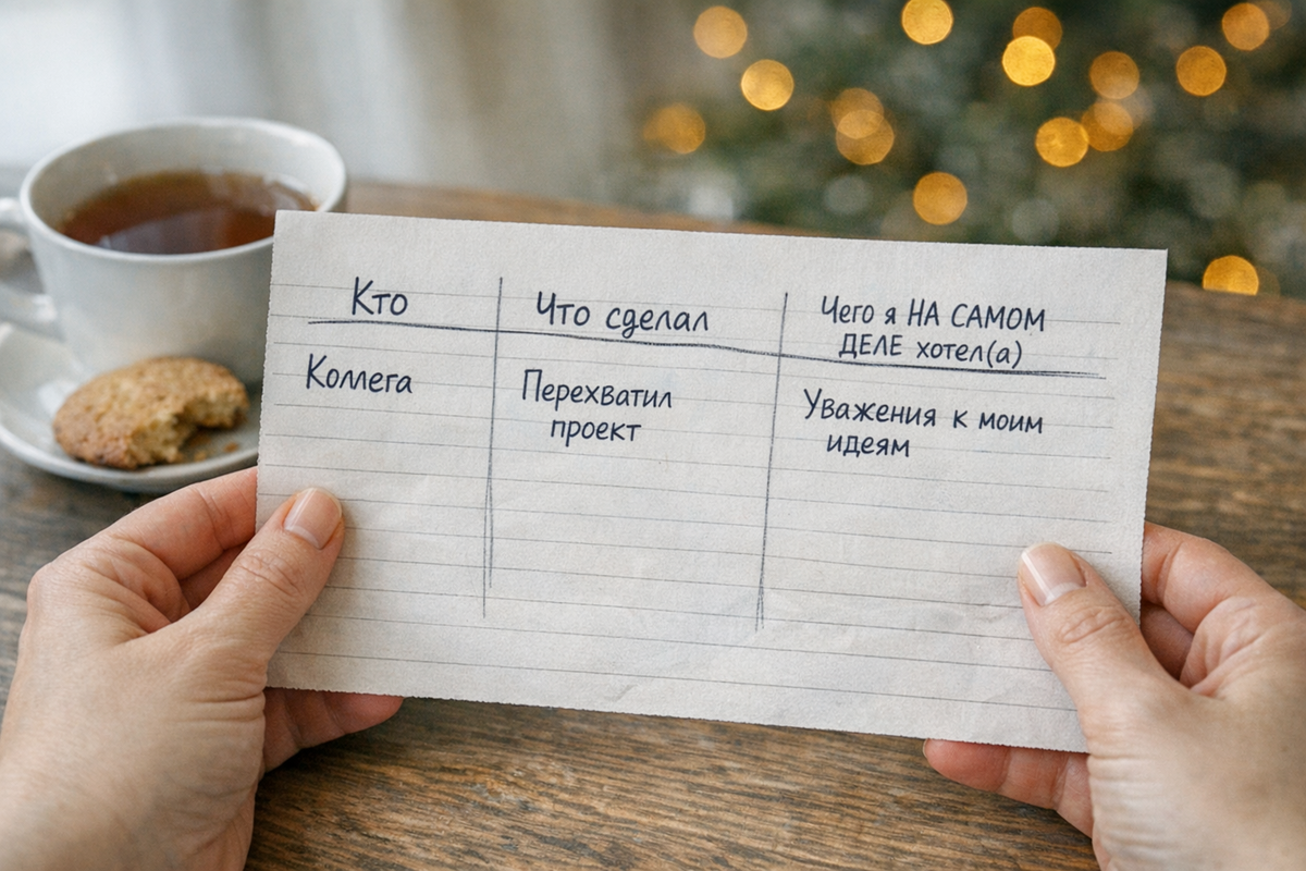 «Крупный план листа бумаги в руках человека (женские руки с короткими ногтями, без украшений). Три чёткие колонки: “Кто” (Коллега), “Что сделал” (Перехватил проект), “Чего я НА САМОМ ДЕЛЕ хотел(а)” (Уважения к моим идеям). Рядом — чашка остывшего чая с надкусанным печеньем. Естественный дневной свет из окна, на заднем плане — размытые новогодние гирлянды. Стиль: документальная фотография, видны текстура бумаги и помарки ручки. Цвета: приглушённый бежевый, серый графит, акцент тёплого коричневого от чая. Эмоция: сосредоточенность, а не драма».