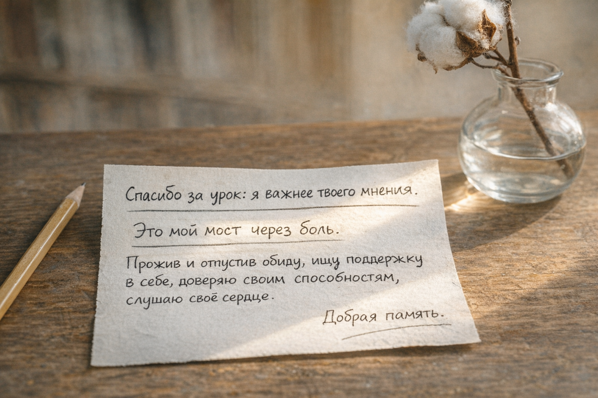 «Средний план: лист бумаги с рукописным текстом, начинающимся с “Спасибо за урок: я важнее твоего мнения”. Бумага лежит на деревянном столе рядом с карандашом и стеклянной вазой с одной веткой хлопка. Солнечный луч падает на фразу “Это мой мост через боль”. Стиль: мягкая домашняя фотография, высокая детализация текстуры бумаги и древесины. Цвета: молочно-белый, тёплый коричневый, кремовый. Нет идеального почерка — видны помарки и неровные буквы. Фон — размытая книжная полка».