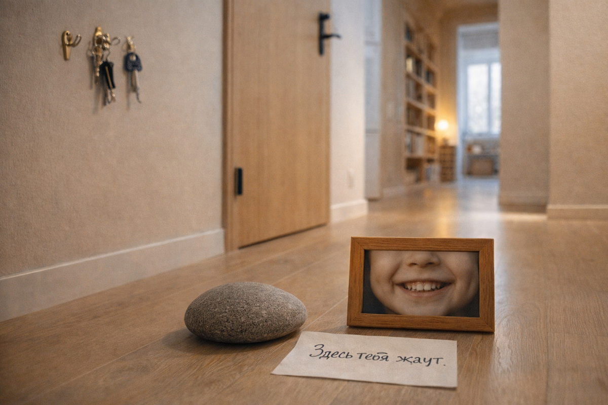 «Широкий кадр: входная зона однокомнатной квартиры. На чистом полу у двери — гладкий серый камень и снимок только улыбки ребёнка (в рамке из дерева). На стене — ключи, но нет верхней одежды. Естественный дневной свет из коридорного окна, на заднем плане — аккуратные полки. Стиль: уютная документальная фотография, видны текстура камня и деревянная рама. Цвета: глубокий серый камня, тёплый беж стен, акцент золотистого света. Эмоция: покой, а не идеальный порядок. На полу — один листок с надписью “Здесь тебя ждут”».