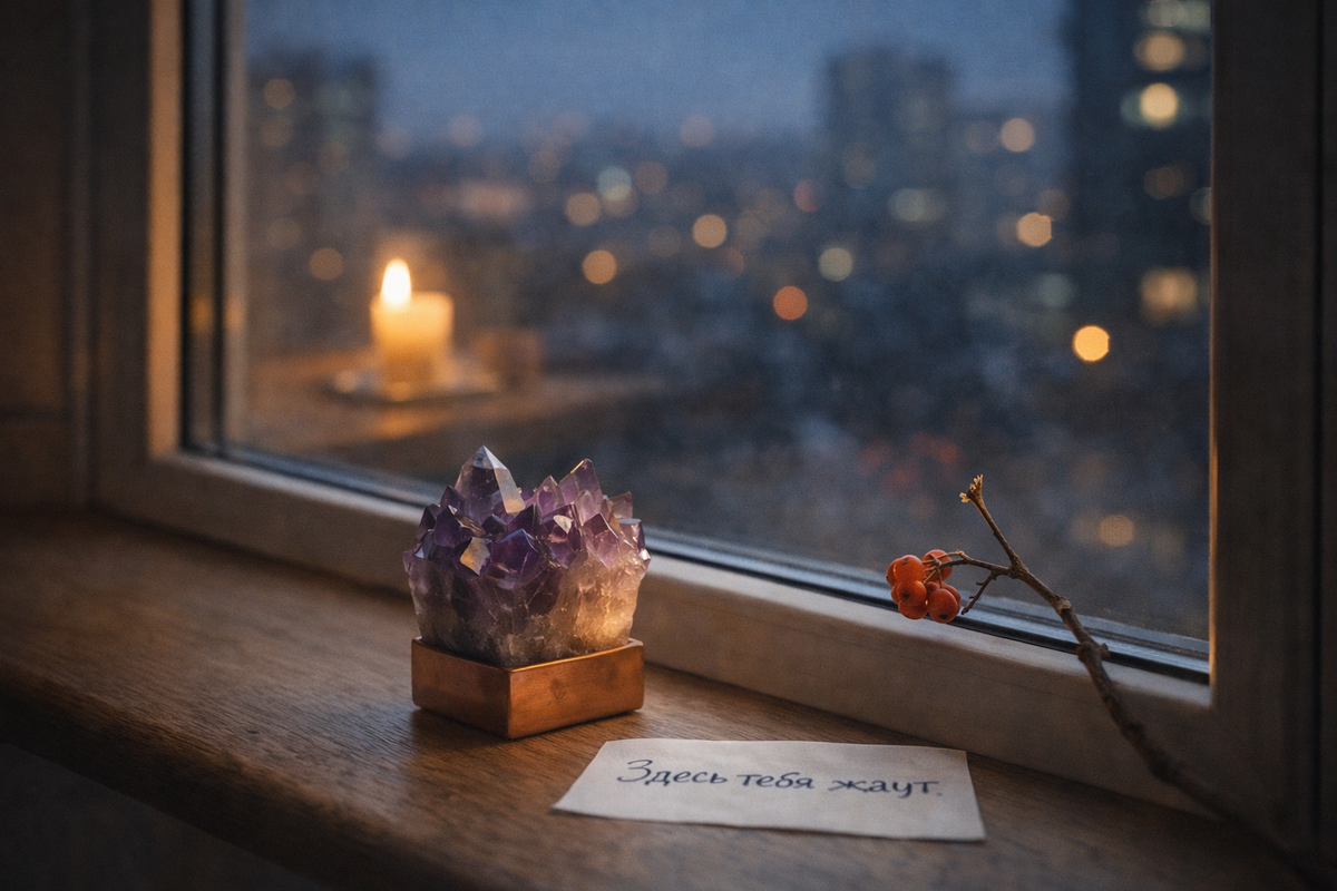 «Крупный план подоконника в гостиной. На чистой поверхности — кристалл аметиста в медной подставке и сухая ветка с одной красной рябиной. За окном — вечерний город с редкими огнями. На стекле — отражение свечи на столе. Стиль: кинематографичная фотография с глубоким фокусом на кристалле. Цвета: тёплый янтарь свечи, холодный фиолет аметиста, глубокий синий заката. Видна текстура дерева подоконника. Эмоция: ожидание, а не пустота».