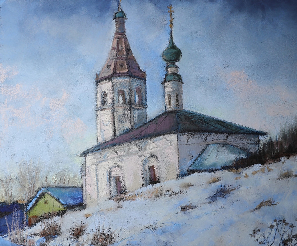 «Дремлет храм под снежной ризой»Ульман А. 2025 г., пастель, абразивная бумага