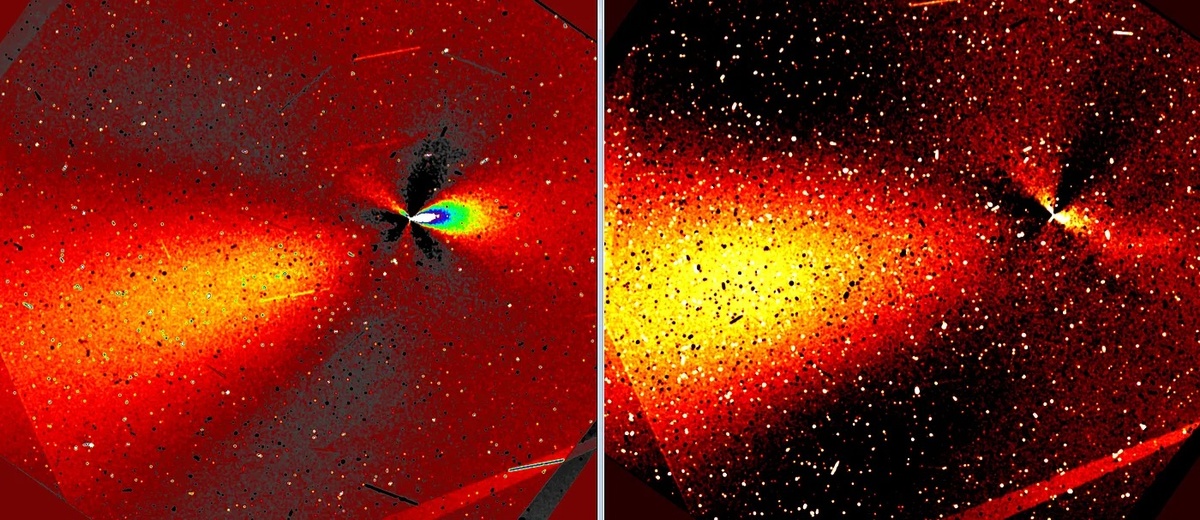 Фотографии 3I/ATLAS, полученные с помощью 170-секундной экспозиции камерой WFC3 UVIS (F350LP) космического телескопа Хаббл и обработанные с использованием градиентного фильтра вращения Ларсона-Секанины, показывают двойную струйную структуру. На левой панели представлены данные за 12 декабря 2025 года, а на правой — за 27 декабря 2025 года. Относительная яркость двух струй изменяется между ними либо из-за колебаний вращения струй, либо из-за изменчивости источника. Яркость в основном определяется антихвостовой струей, направленной к Солнцу в нижней левой части. (Фото предоставлено Тони Скармато на основе данных, опубликованных NASА)
