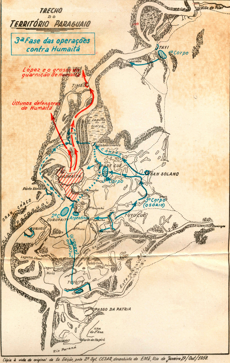Красным показаны пути отхода парагвайских войск: восточнее - отряд Лопеса, западнее - последних защитников Умайты.