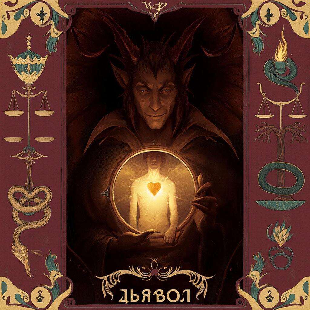 Изображение 15-го Аркана (Дьявол) в стиле мистического символизма, отражающее идею трансформации. Иллюстрация создана искусственным интеллектом GigaChat
