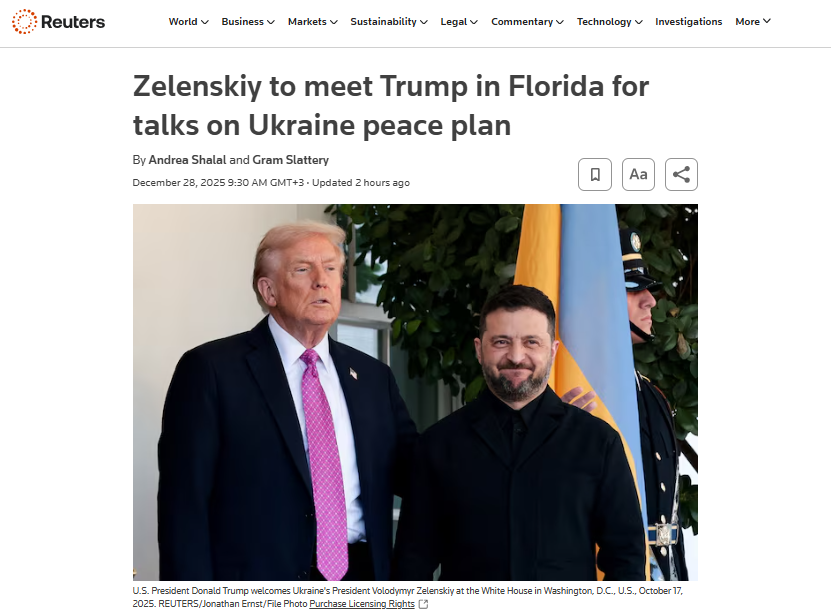     Зеленский встретится с Трампом во Флориде для переговоров о плане мирного урегулирования на Украине / Скриншот страницы сайта reuters.com