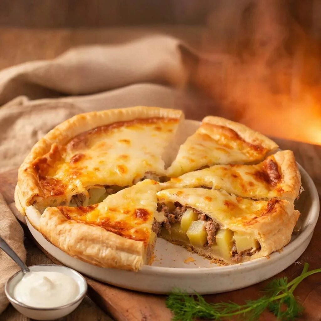 Мясной пирог с картофелем и лавашом