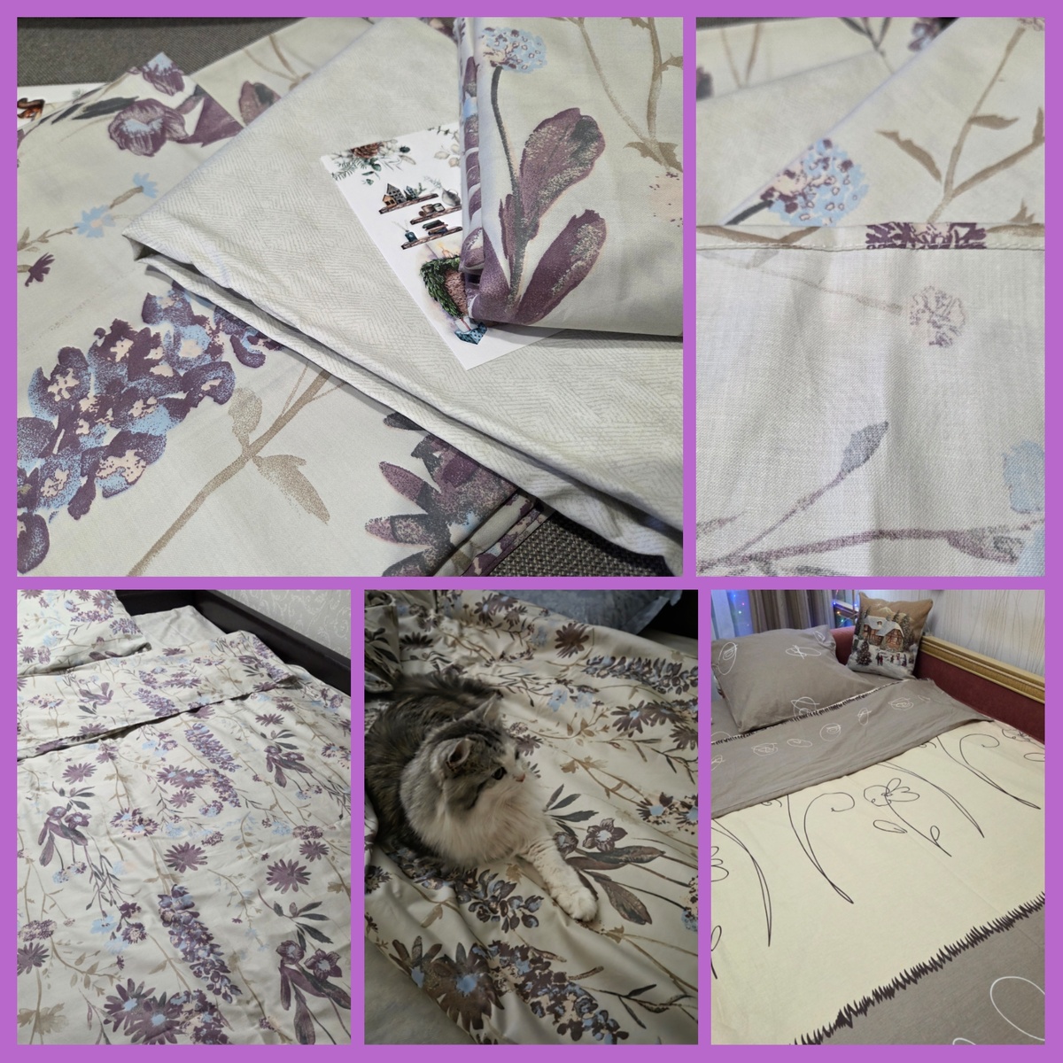 Тот комплект, что фиолетово-золотисто-синими цветами - мой, а сливочно-коричневый папин. Кеша выбрал мой... разбегается и скользит по нему. Набегался, наездился, наигрался и улёгся посередине. Устал... Еле уговорили успокоиться и дать сфотографировать. С папиным было проще. Кеша спал. и в движухе не участвовал.