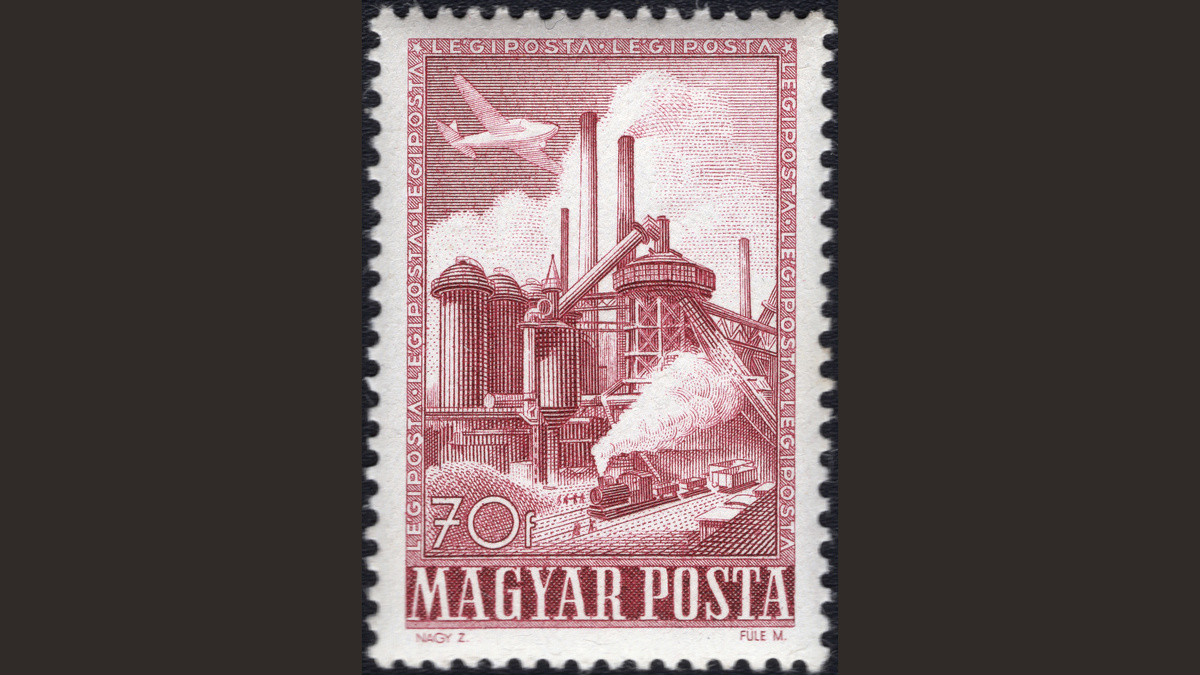 1. Венгрия, 1950 год, № 1122. Металлургический завод в Диосдьоре. Авиапочтовые марки: современная техника.