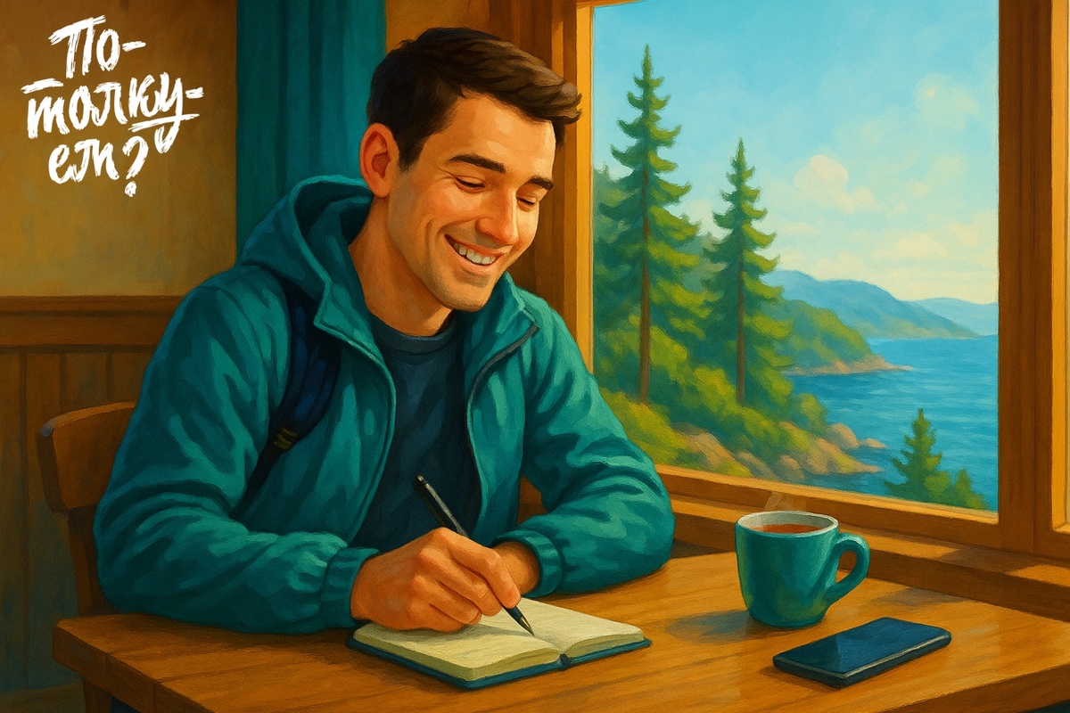 Мужчина сидит за столом у окна в кафе и записывает что-то в блокнот