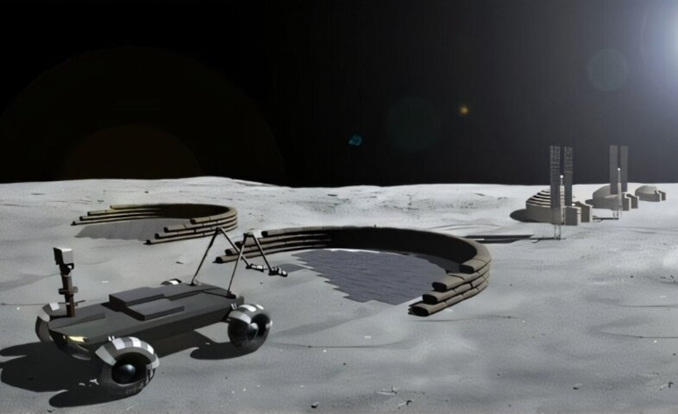 Строительство космодрома на Луне роботами. Рисунок: Университет Пердью 