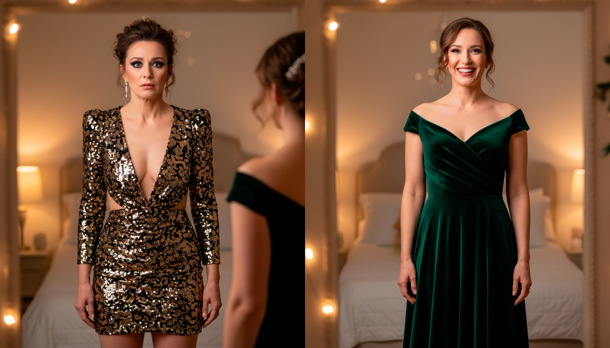 Видите разницу? Слева — типичные ошибки, которые добавляют лет. Справа — правильный подход, и женщина выглядит моложе и увереннее. Та же женщина, но совершенно другое впечатление. Сегодня разберем, что именно делает наряд "стареющим" и как этого избежать. 