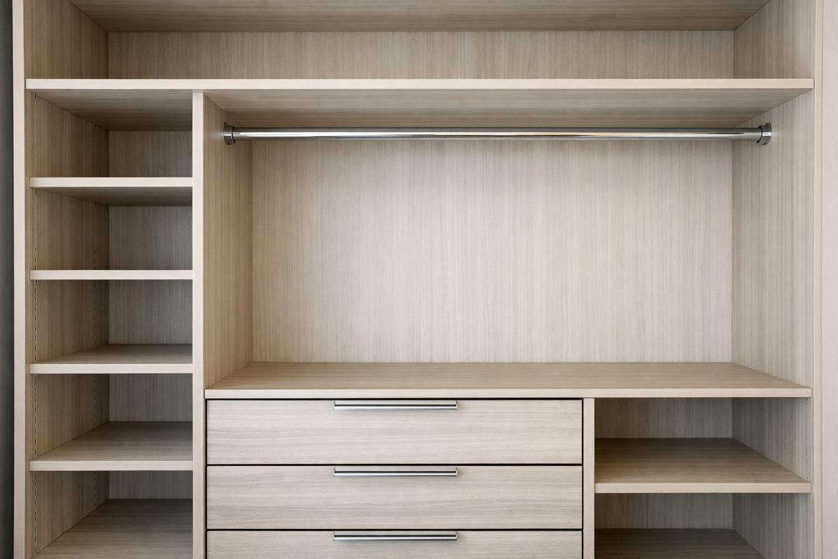 Пример продуманного наполнения: полки, ящики и штанги в удобных зонах хранения.