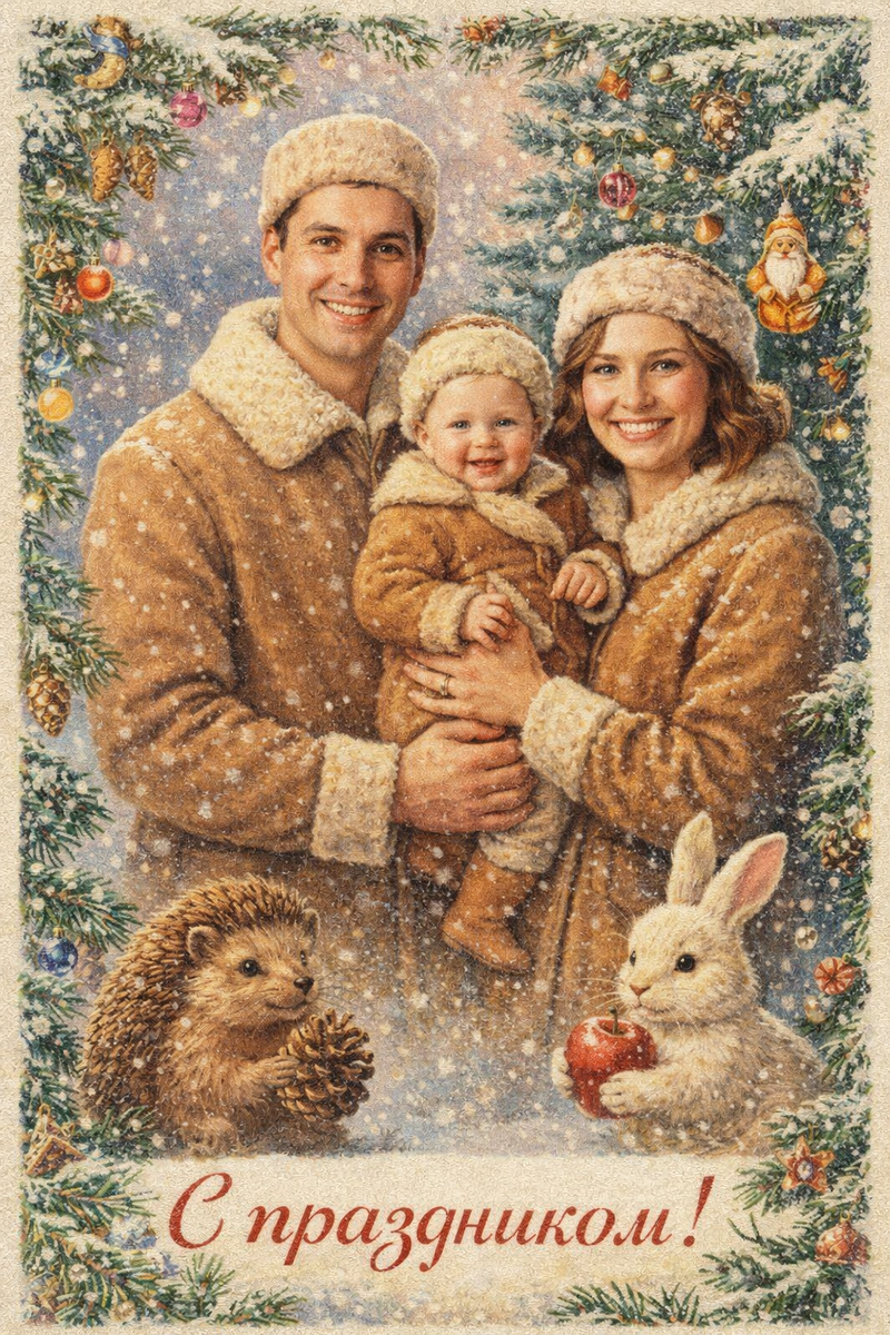 Выберите в боте модель GPT Image 1. Далее загрузите собственное фото и скопируйте следующий промпт: Сделай из фото винтажную новогоднюю открытку в стиле советских иллюстраций 1960–1970-х, сохранив лица людей похожими на оригинал, без изменения черт. Преобразуй в тёплую гуашь на шероховатой бумаге с фактурой мазков и зерном, без мультяшности.
Оставь позу объятий и кадр по пояс. Одень в пальто и шапки из овчины бежево-коричневых оттенков, без объёма и современных деталей. Сзади — пушистая заснеженная ёлка со стеклянными ретро-игрушками и гирляндами. Спереди — лесных зверей: ёжик с шишкой, белый заяц с яблоком.
Рамка по краям: еловые ветки с шишками, звери, игрушки и шары, без виньетки. Падающий снег, морозный туман, ламповый свет, пастельные оттенки, зернистость бумаги. Надпись «С праздником!» снизу по центру в стиле советских открыток. 9:16, high quality, ultra realistic, vintage Soviet postcard.