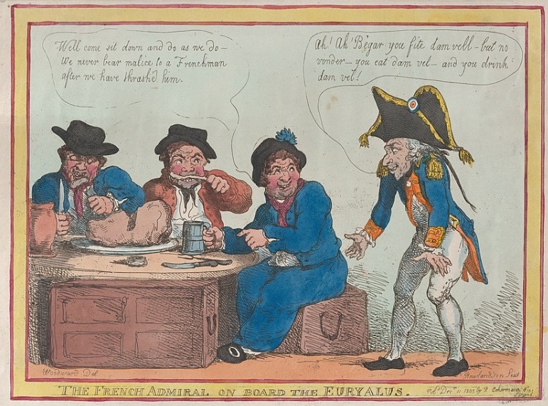 Английская карикатура: пленный французский адмирал на борту фрегата «Евриал». Матросы: - Давай, садись, присоединяйся. Мы не держим зла на француза после того, как всыпали ему.  Адмирал (с акцентом): - Ох! Ох! Вы карашо дерётесь, чёрт паберьи, а чего удивляться? Вы, чёрт паберьи, кушьете карашо, и, чёрт паберьи, пиёте карашо! 