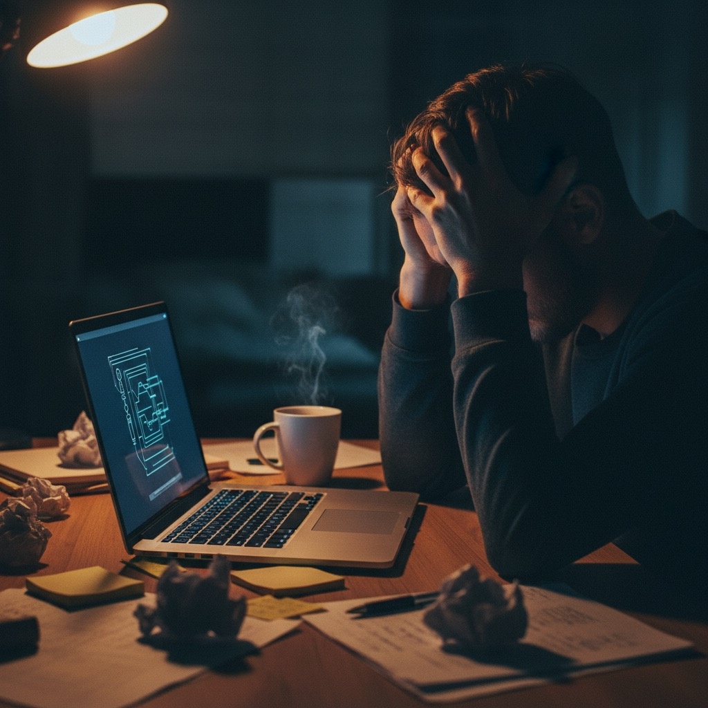 Уставший человек сидит за ноутбуком. 