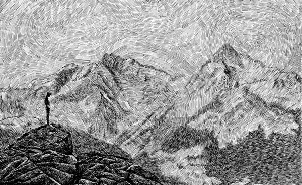 Николас Джолли. Ребёнок на камне. 2025. Чёрные чернила на бумаге. 42х30 см.