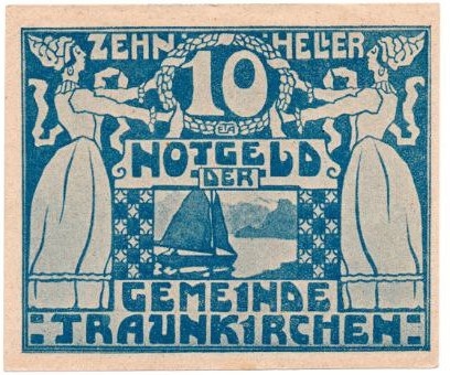 Нотгельд, номиналом в 10 геллеров (толстая белая бумага), от 1 июня 1920 год. Траункирхен. Скан Автора.