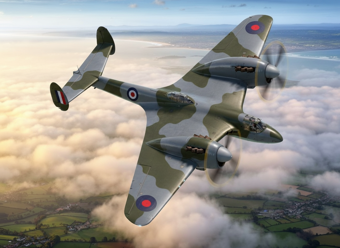 дальний бронированный истребитель-штурмовик Miles M.34 в полете. Изображение сгенерировано сайтом lmarena.ai