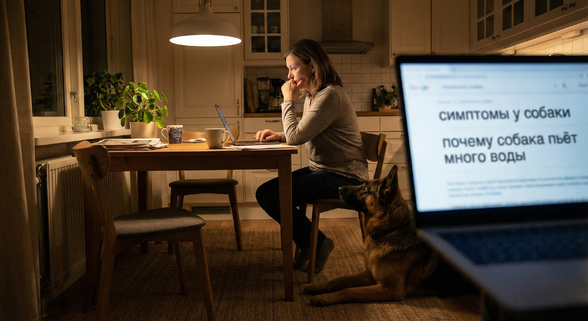 Гуглинг симптомов — первый шаг к паранойе: когда беспокойство о здоровье собаки толкает на поиск ответов в интернете.