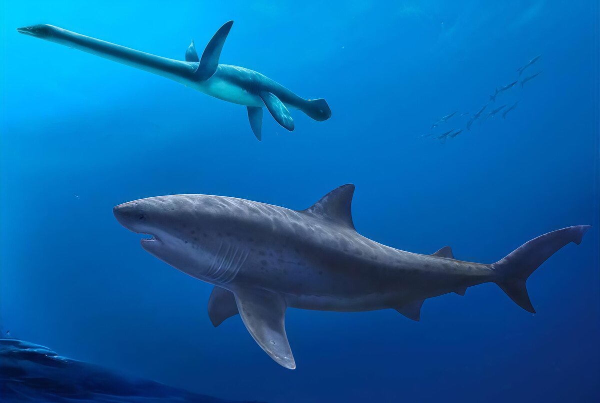 Гигантская 8-метровая акула, плывущая рядом с длинношеим плезиозавром в водах у берегов Австралии 115 миллионов лет назад, фото:Pollyanna von Knorring/Swedish Museum of Natural History via AP