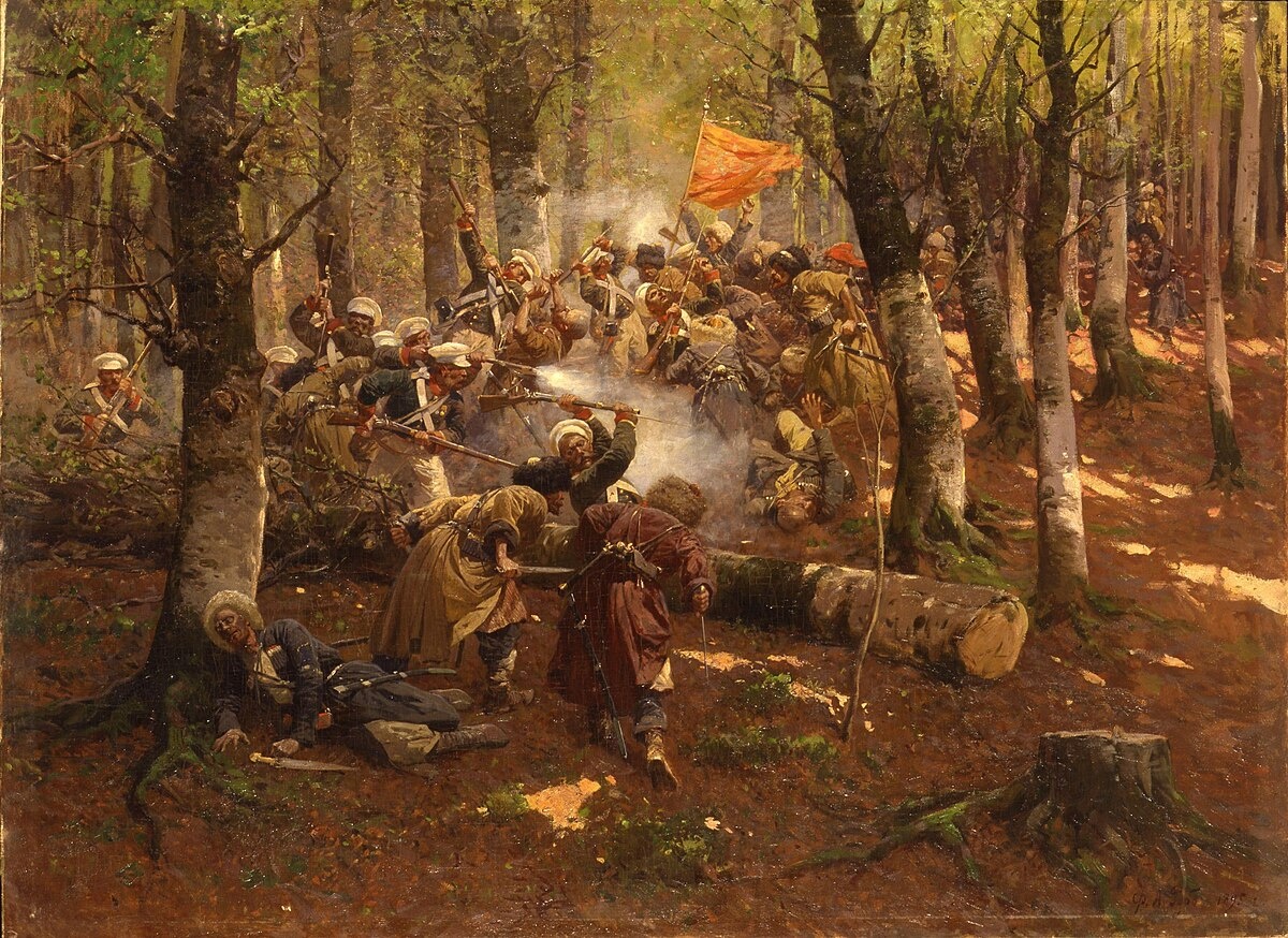 Даргинский поход (Сухарница) российской армии летом 1845 года. Подвиг 3-го батальона Апшеронского полка. Рис. Рубо Ф.А., 1895 г.