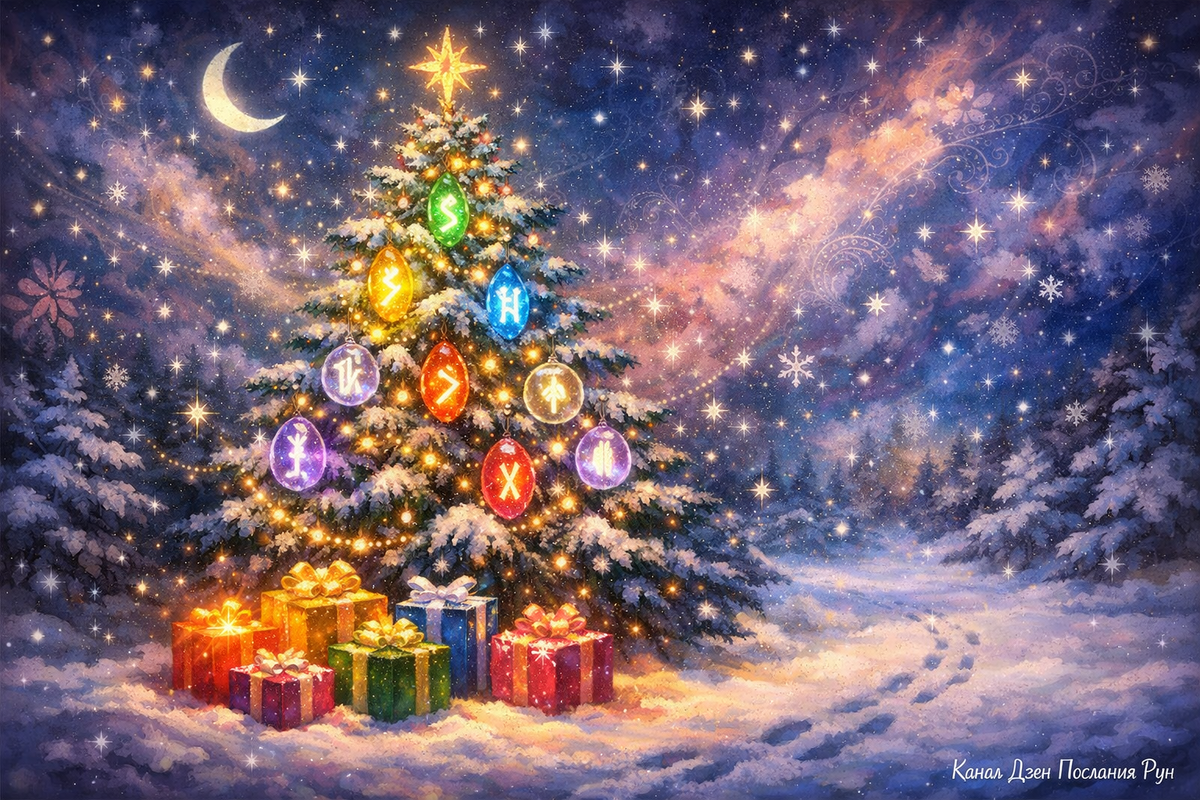 Космическая новогодняя ёлка, украшенная рунами и подарками пяти желаний — визуальный якорь для новогоднего гадания на рунах и привлечения удачи в 2026 году. Идеальный образ для тех, кто встречает Новый год в союзе с магией и древними знаками.